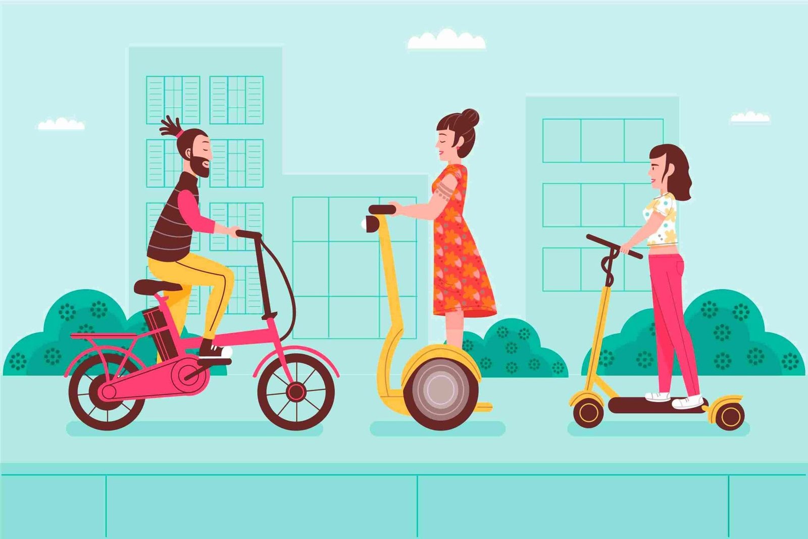Colorida ilustración de personas andando en bicicletas y scooter eléctricas.