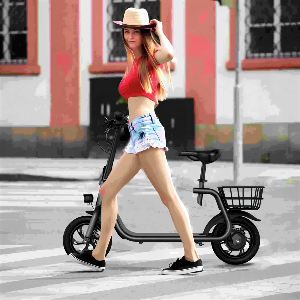 Mujer caminando junto a una patineta eléctrica compacta en la ciudad