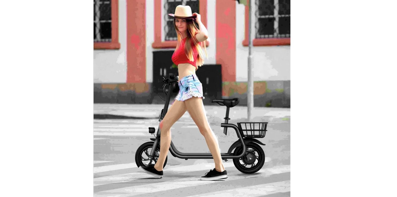 Mujer caminando junto a una patineta eléctrica compacta en la ciudad