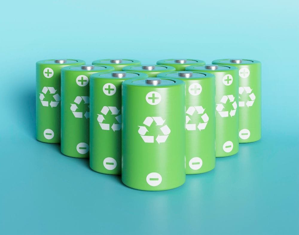 Conjunto de baterías reciclables ilustrando baterías de plomo para bicicletas eléctricas responsables con el medio ambiente.