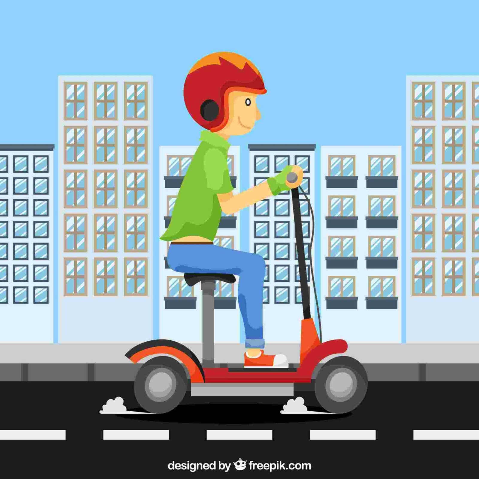 Ilustración colorida de scooter eléctrico en ciudad, promoviendo movilidad eléctrica segura.
