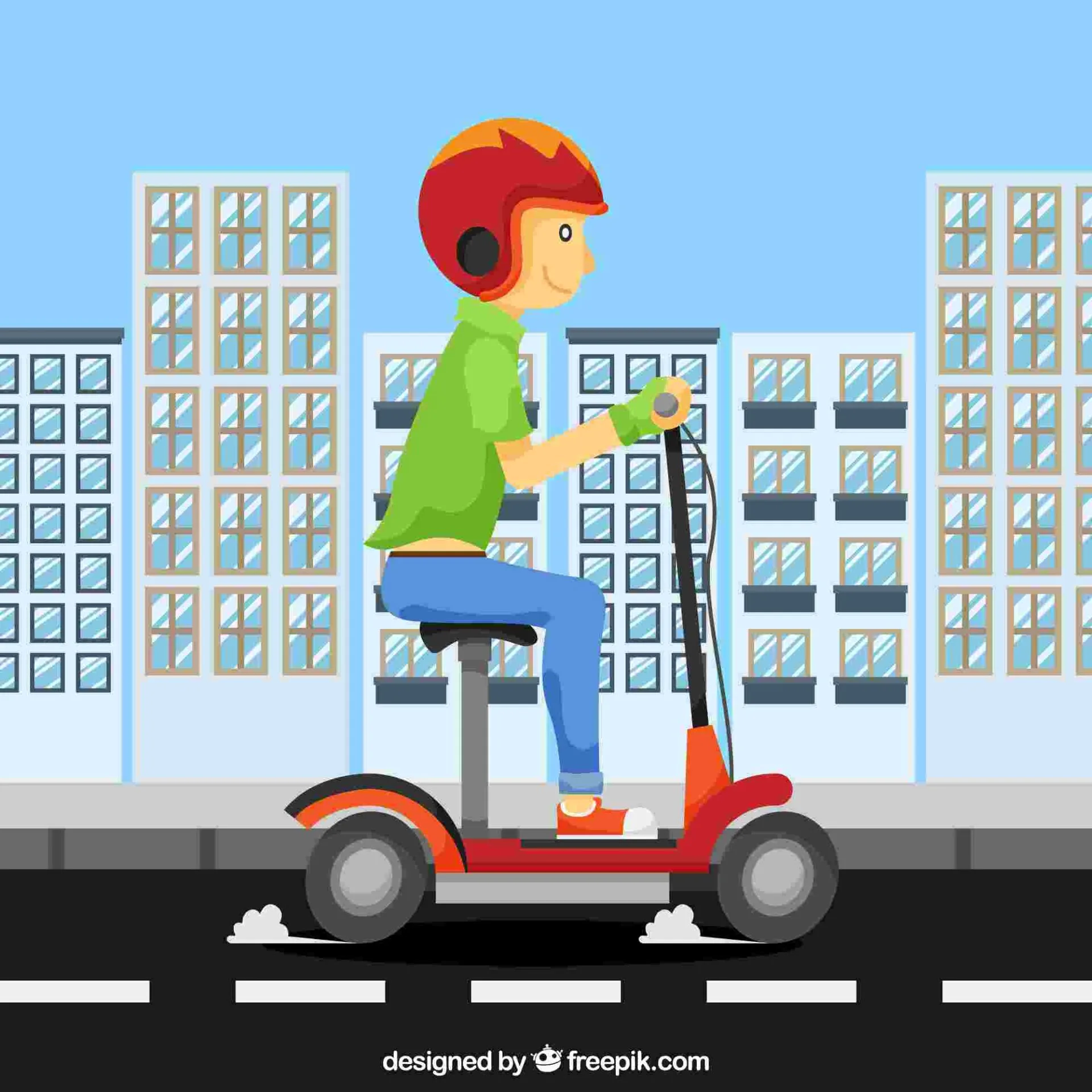 Ilustración colorida de scooter eléctrico en ciudad, promoviendo movilidad eléctrica segura.