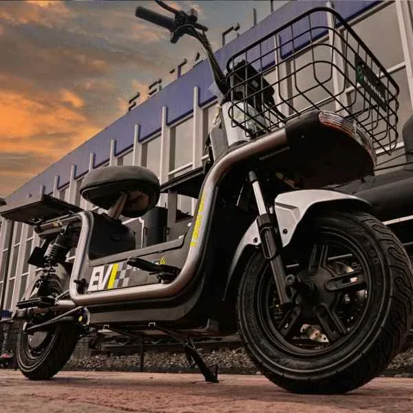 Bicicleta eléctrica urbana Evobike con estructura robusta y canasto frontal, ideal para ciudad.