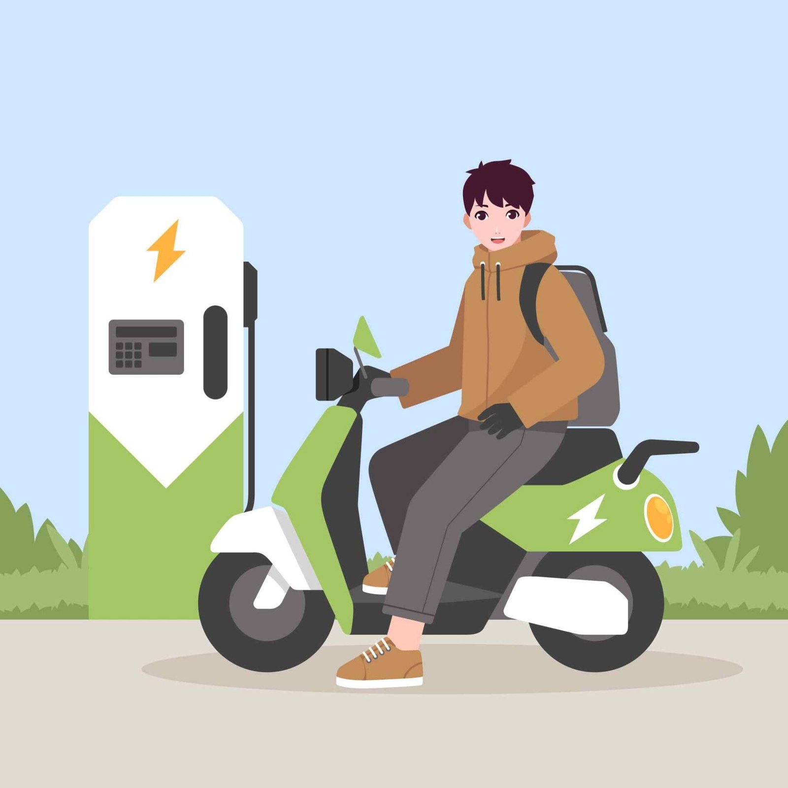 Ilustración de joven cargando su bicicleta eléctrica en estación ecológica, reflejo de movilidad limpia