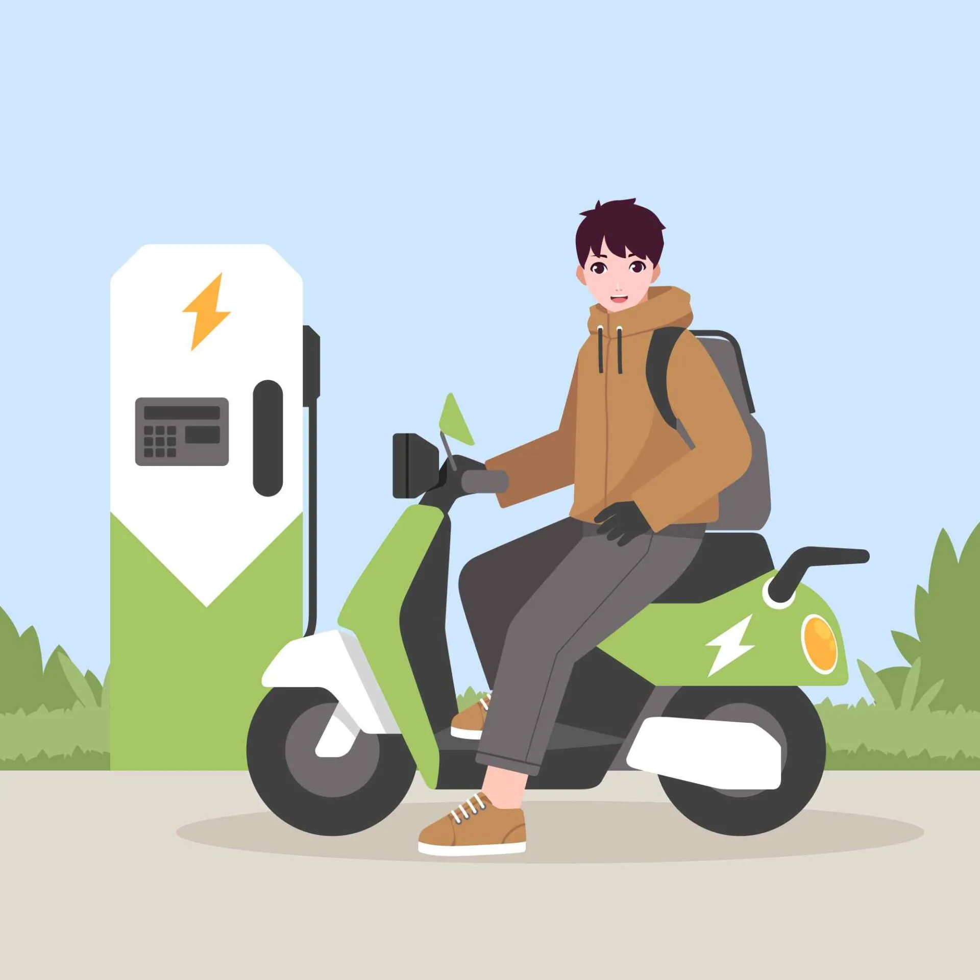 Ilustración de joven cargando su bicicleta eléctrica en estación ecológica, reflejo de movilidad limpia