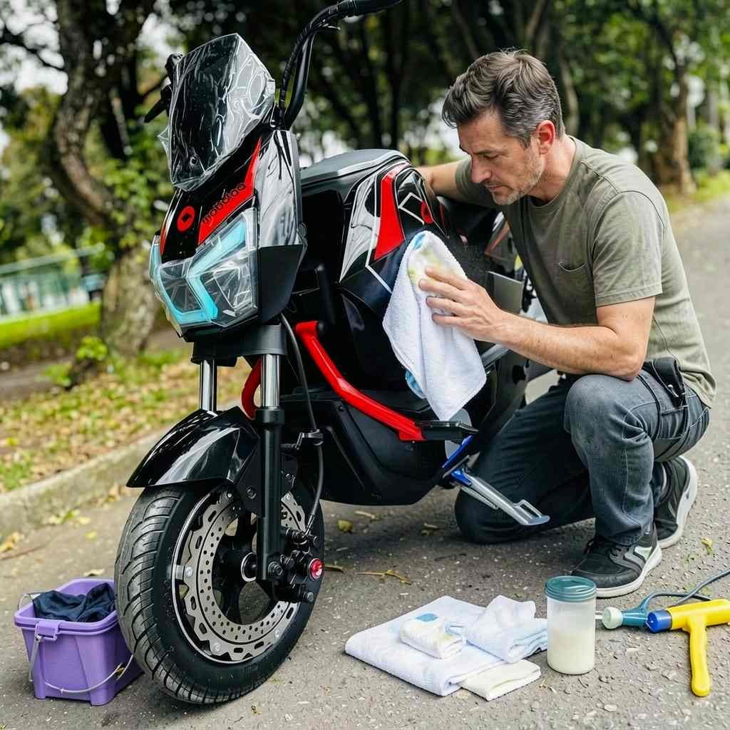 Hombre limpiando su Mobulaa negra y roja con paño y productos de mantenimiento.
