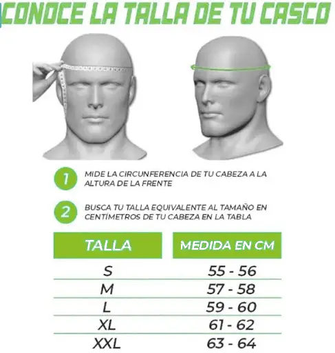 Guía visual para elegir la talla correcta de cascos DOT según la medida de la cabeza. 