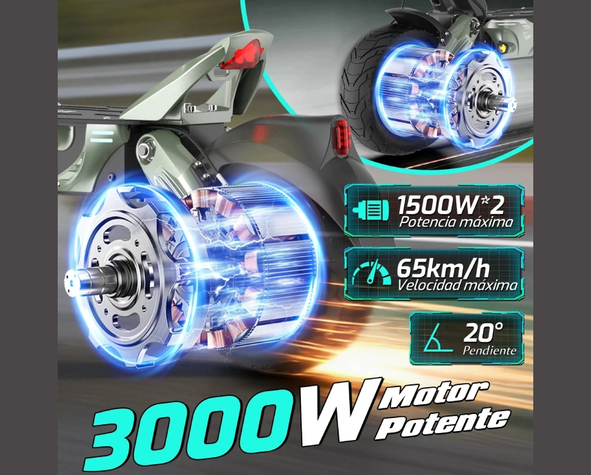 Motor doble de 3000W del scooter HONEY WHALE GT1 Mini con velocidad máxima de 65 km/h.