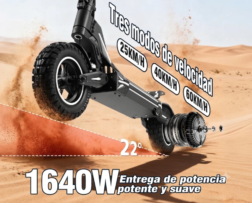 Scooter HONEY WHALE G3 Pro mostrando potencia de 1640W y tres modos de velocidad.