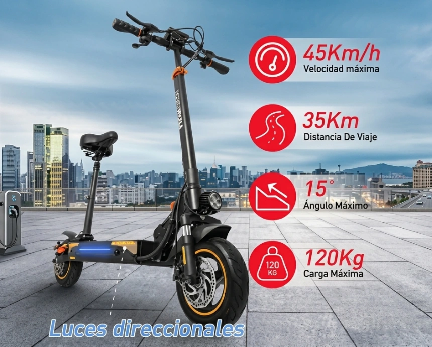 Scooter eléctrico HONEY WHALE T4A con velocidad máxima de 45 km/h y luces direccionales.