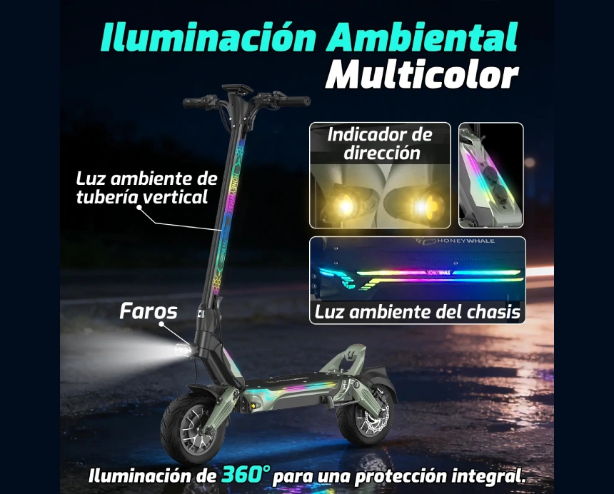 Scooter eléctrico Honey Whale GT1 Mini con iluminación ambiental multicolor de 360°, faros delanteros, luces de dirección y luz de chasis para máxima visibilidad nocturna.
