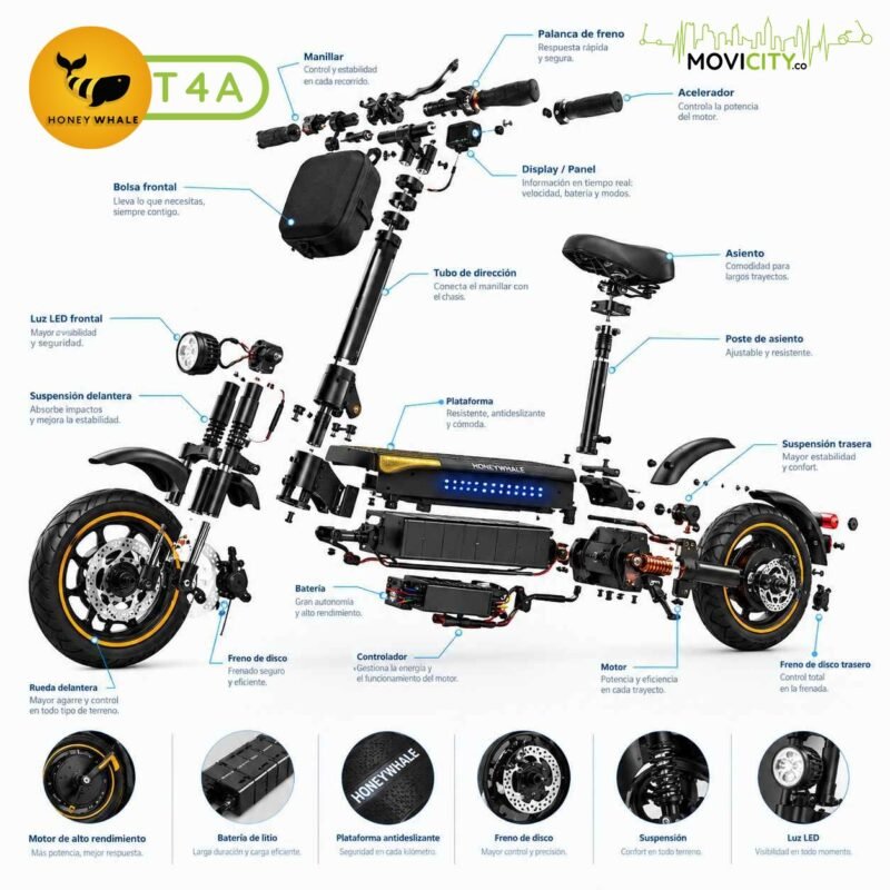 Ciclomotor eléctrico Honey Whale T4A con batería de litio, motor, suspensión y frenos