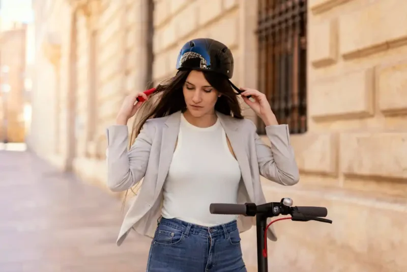 Mujer ajustándose un casco de protección obligatorio antes de usar una patineta eléctrica de micromovilidad urbana